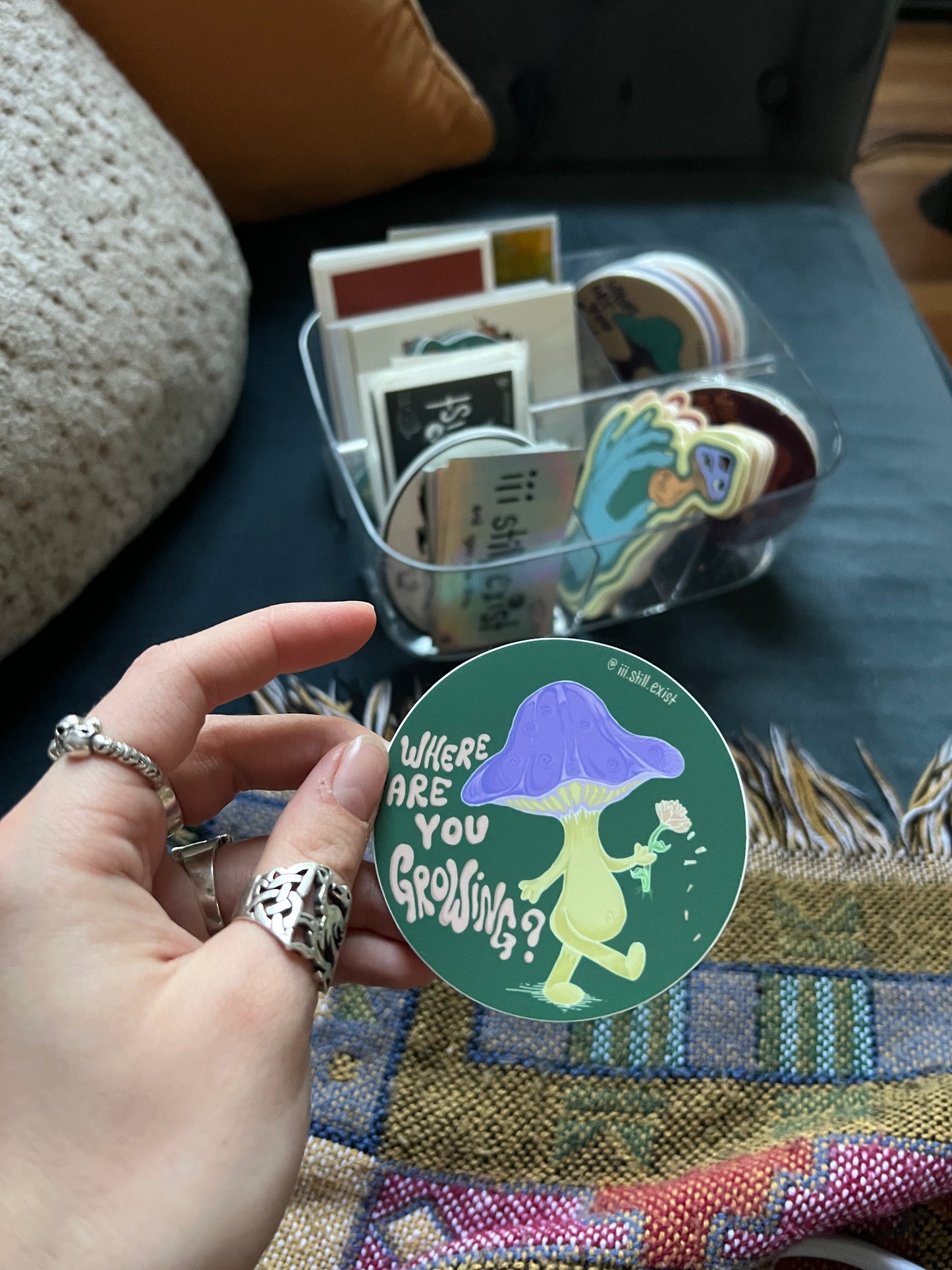 ‘where are you growing’ mushie sticker vinyl 3”x3”