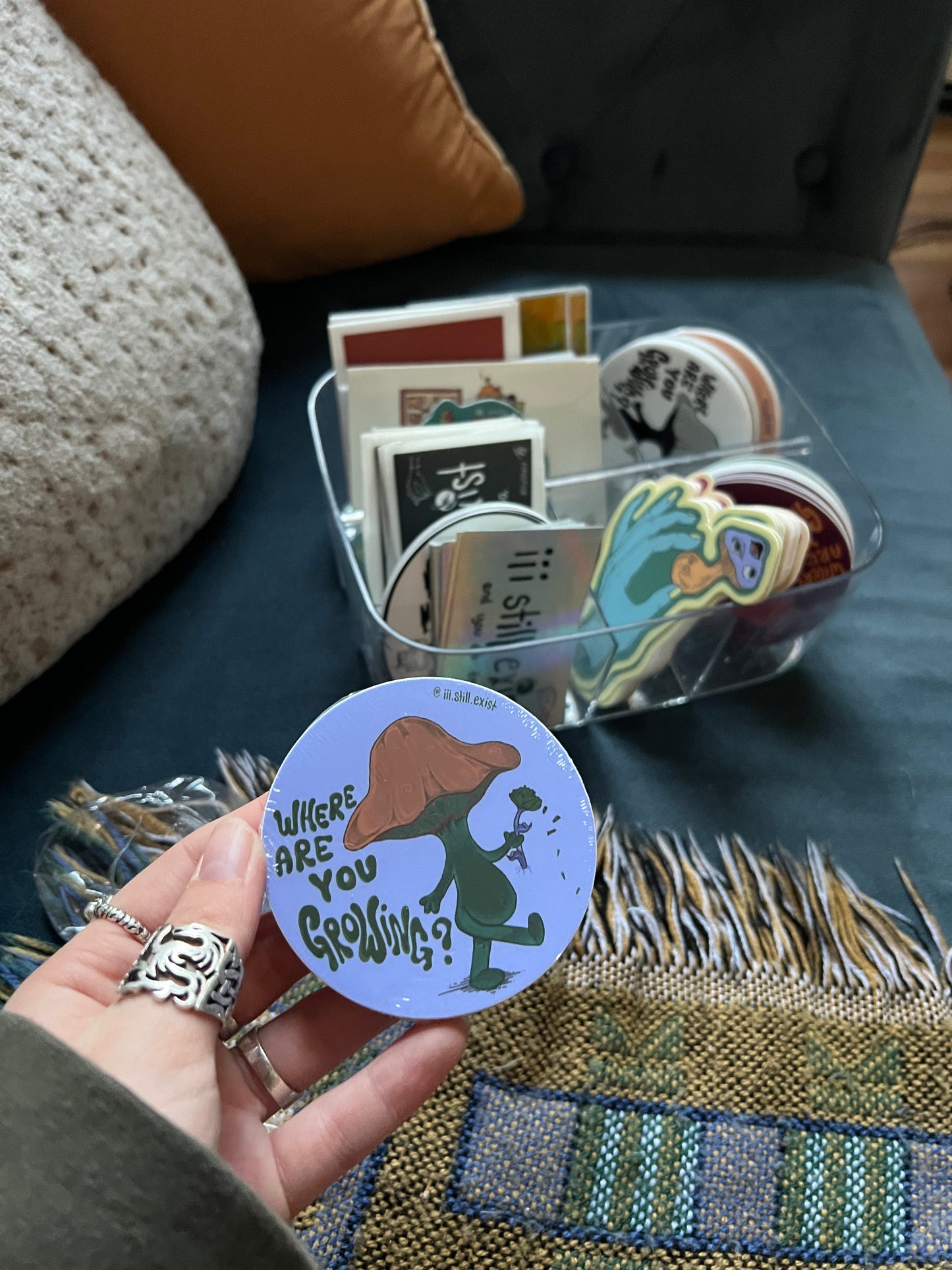 ‘where are you growing’ mushie sticker vinyl 3”x3” #2