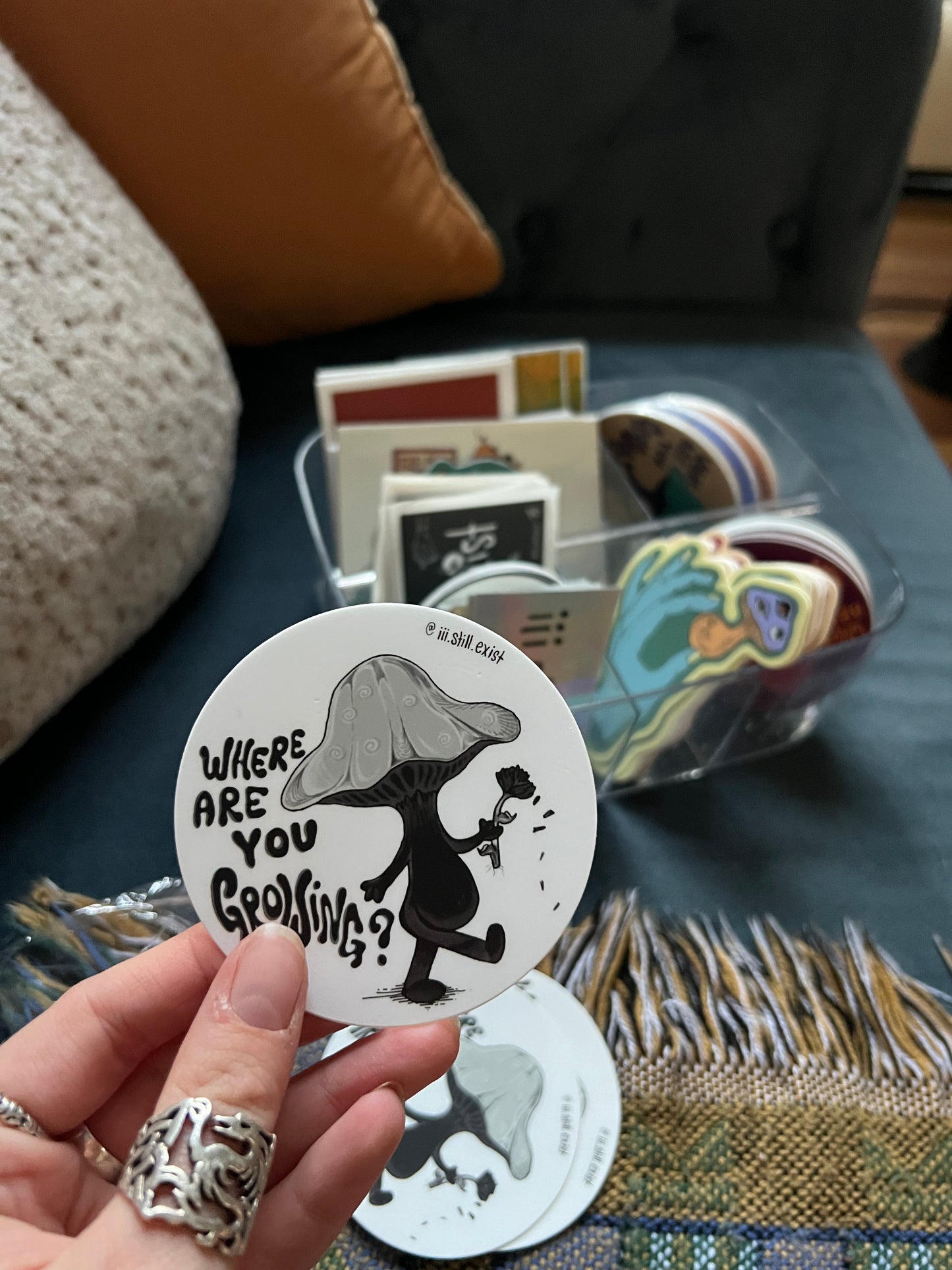 ‘where are you growing’ mushie sticker vinyl 3”x3” #5